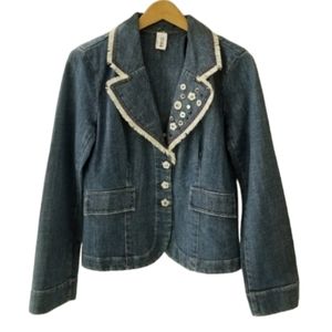 Brighton Button Embellished Fringe Trim Notch Collar Denim Blazer Jacket M NWT